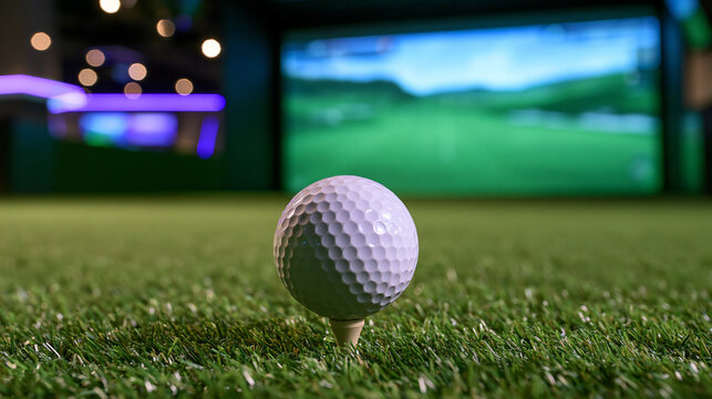 Golf ball on a tee inside a high-tech indoor simulator with green screen. Concept for sports training and leisure activities.