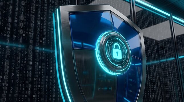 Blue glowing digital security shield with padlock icon in server room for cybersecurity data protection.