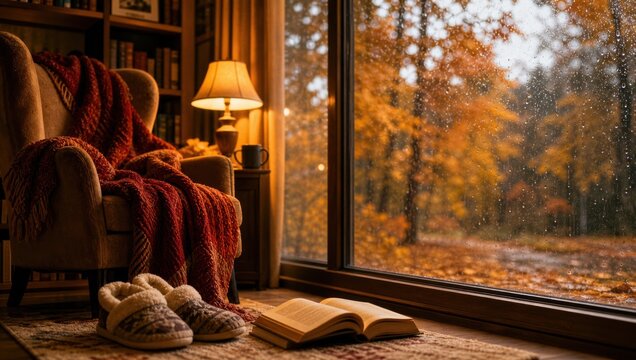Cozy autumn reading nook with open book, slippers, and blanket by a rain-covered window.