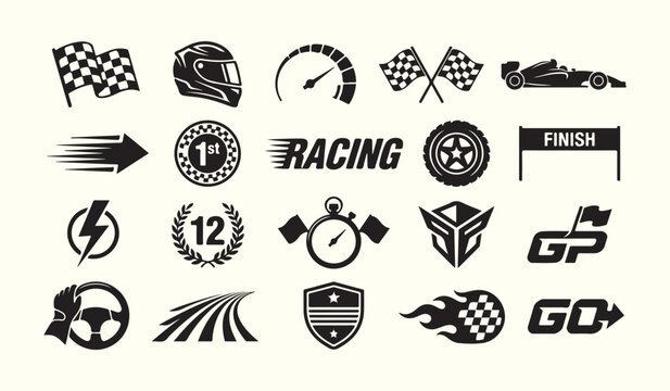 Motorsport and racing emblem set with helmets and checkered flags motorsport icon checkered flag racing helmet speedometer gauge race badge finish line championship badge car race racing logo