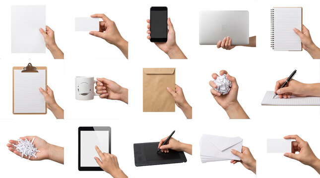 Professional human hands holding various office supplies like stationery electronics and paper documents in a set of isolated multiple conceptual items presented on transparent background