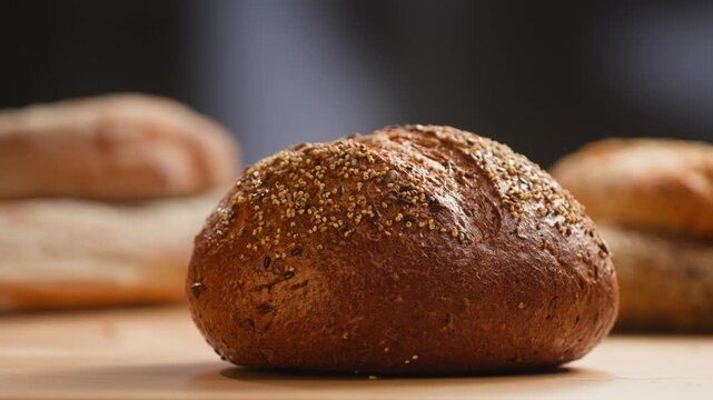 Bread assortment, mixed Spanish baguette loaves from Barcelona bakery, close-up macro shot showing crumb texture