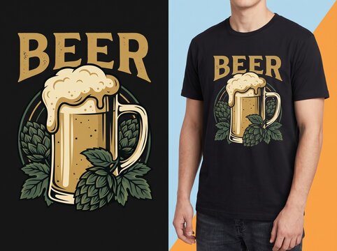 Vintage beer mug t-shirt design with hops and foam hop cones foamy beer
