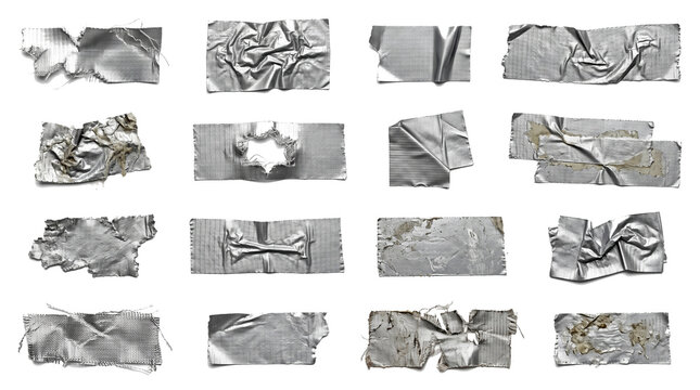 Silver duct tape strips collection featuring various torn weathered and crinkled textures displayed in a high resolution grid format isolated on a pure white on transparent background