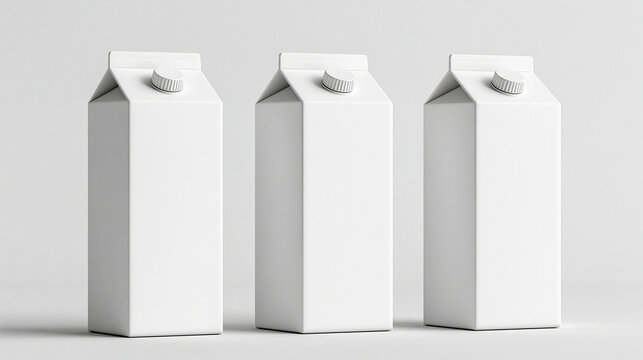 Three blank white milk cartons stand in a row against a light gray background. This packaging mockup works well for dairy product branding and design presentations.