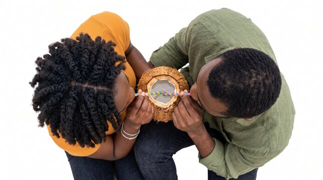 Top-Down Overhead View of a Black Couple Sharing Coconut Water with Straws