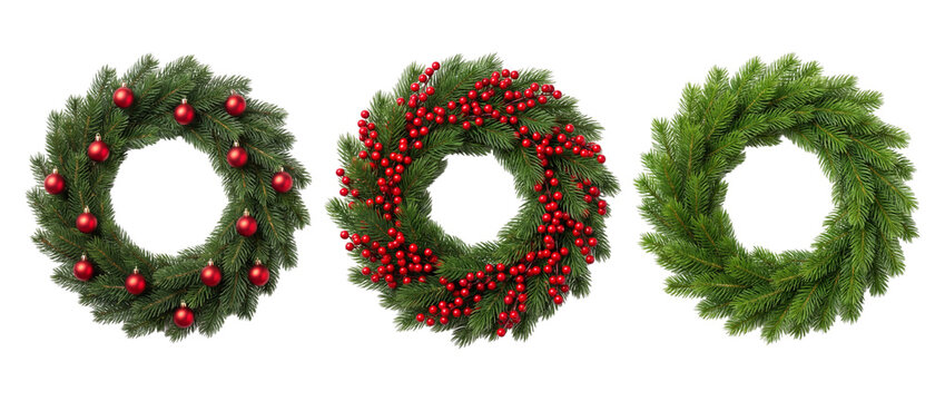 Three Christmas wreaths isolated on transparent background