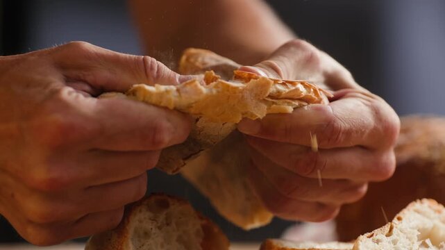 Baguette Bread torn apart by hand, fresh baguette crumb close-up macro shot showing soft airy texture