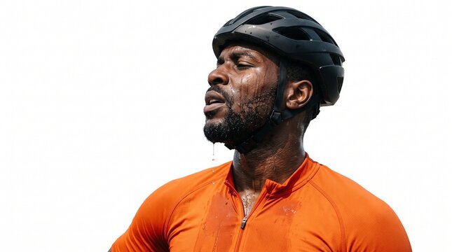 Confident, mature Black man with a beard and helmet, sweat dripping, looking toward the horizon.