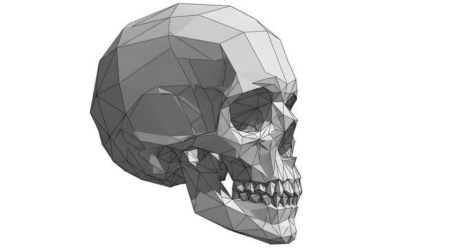 Low Poly Geometric Human Skull Illustration Featuring Three Dimensional Polygonal Mesh Structure Design for Artistic Graphic Projects
