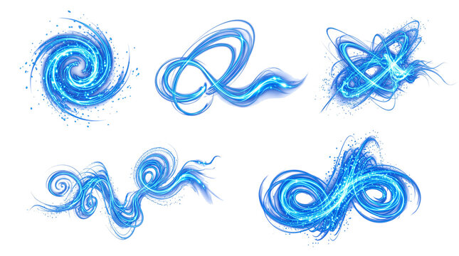 Vibrant blue energy light streaks featuring swirling vortex patterns and dynamic motion effects combined with glowing particles displayed in multiple artistic compositions  on transparent background