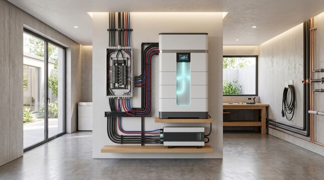 battery storage home battery powerwall energy storage solar battery backup power electrical panel breaker box wiring conduit home automation smart home copper pipes radiant heating