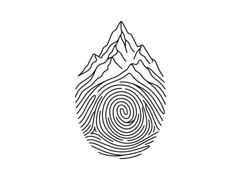 Mountain peak inside a fingerprint line art illustration for nature and identity concepts