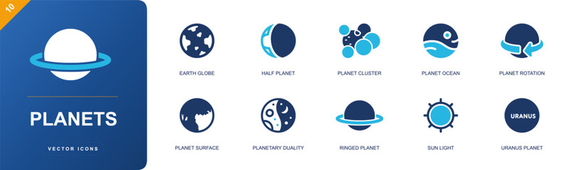 Planets icon set. Containing Earth, half planet, planet cluster, ocean, planet rotation, planet surface, planetary duality, ringed planet, sunlight and more. Solid fill vector icons. © Anna