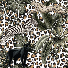 Naklejka premium Vintage tropical floral leaves , hibiscus flower, black panther, zebra, cheetah running wildlife animal floral seamless pattern leopard background. Exotic safari wallpaper.