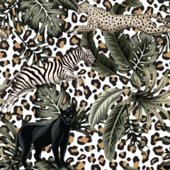 Vintage tropical floral leaves , hibiscus flower, black panther, zebra, cheetah running wildlife animal floral seamless pattern leopard background. Exotic safari wallpaper. © good_mood