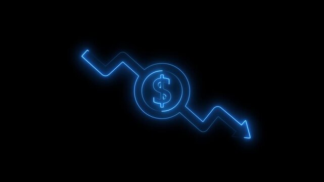 Glowing neon money loss concepts. Cash down, arrow and dollar stocks graph, market fall. neon down arrow stocks graph with dark background.
