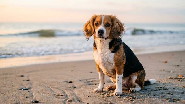beagle dog close up at the beach in morning light on cornwall coast england video