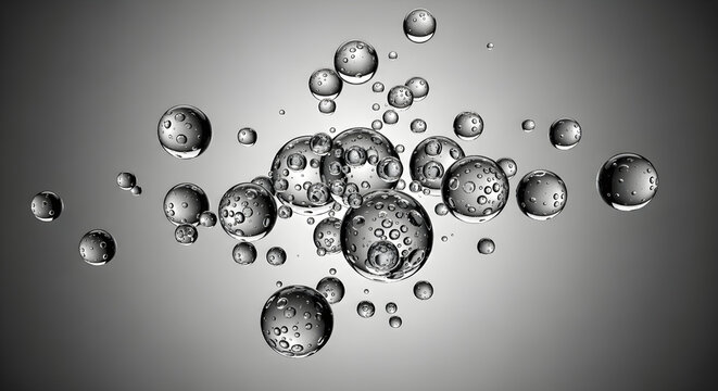 Abstract background featuring a cluster of transparent glossy 3D spheres and liquid bubbles floating against a smooth gradient gray backdrop