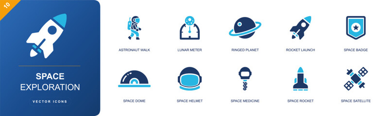 Space exploration icon set. Containing astronaut, lunar meter, planet, rocket launch, space badge, space dome, space helmet, space medicine, satellite and more. Solid fill vector icons. © Anna