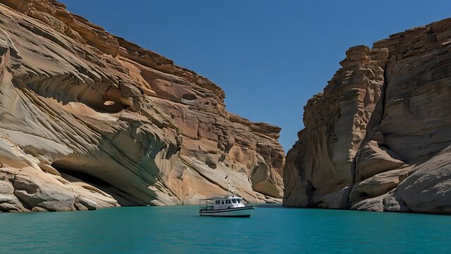 a boat floating on turquoise water between lush canyon cliffs under a clear blue sky, naturally carved grooves, terraces and weathered recesses demonstrating long-term erosion around the waterway, dir