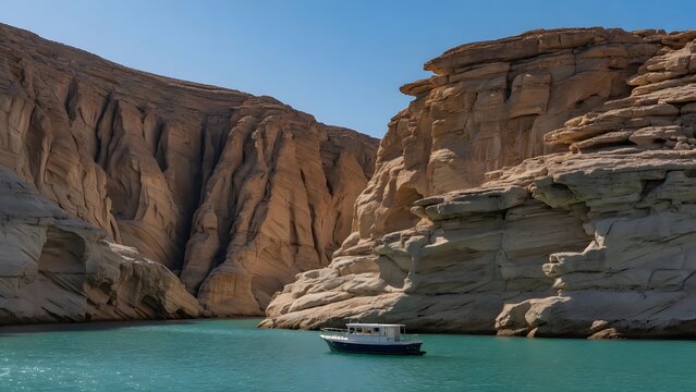 a boat floating on turquoise water between lush canyon cliffs under a clear blue sky, naturally carved grooves, terraces and weathered recesses demonstrating long-term erosion around the waterway, dir
