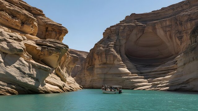 a boat floating on turquoise water between lush canyon cliffs under a clear blue sky, naturally carved grooves, terraces and weathered recesses demonstrating long-term erosion around the waterway, dir