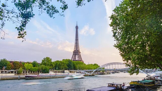 Seine River at Sunset with Eiffel Tower Timelapse Video in Paris