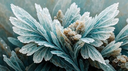 Macro view of ethereal teal and white mineral crystals resembling frozen wings or flower petals. Natural abstract texture with delicate forms and light reflections.