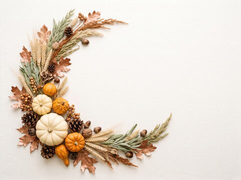 Autumn wreath with pumpkins and leaves, thanksgiving concept, copy space