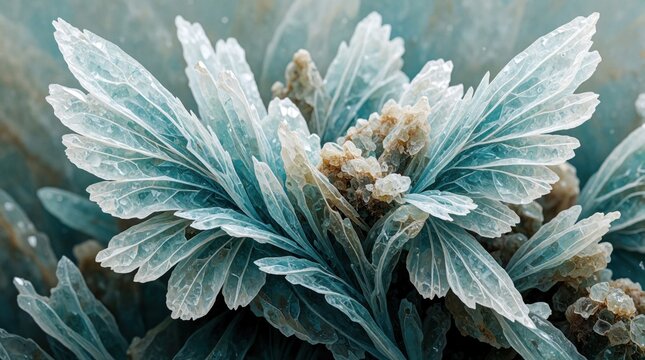 Macro view of ethereal teal and white mineral crystals resembling frozen wings or flower petals. Natural abstract texture with delicate forms and light reflections.