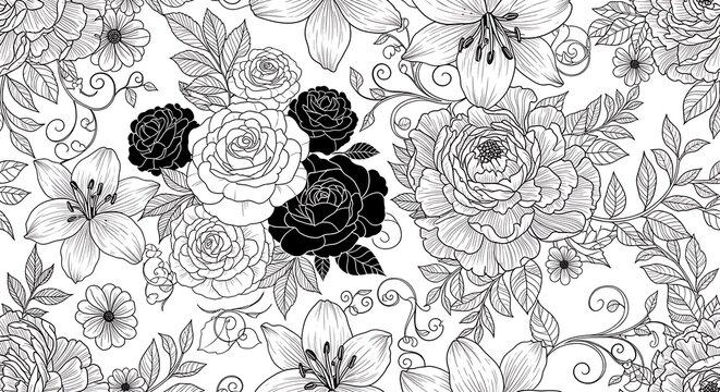 Black and white floral pattern with roses and leaves for coloring book page