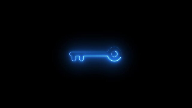 Glowing neon line Key icon isolated on black background. Hyper realist animated Neon key in trendy stylish neon colors