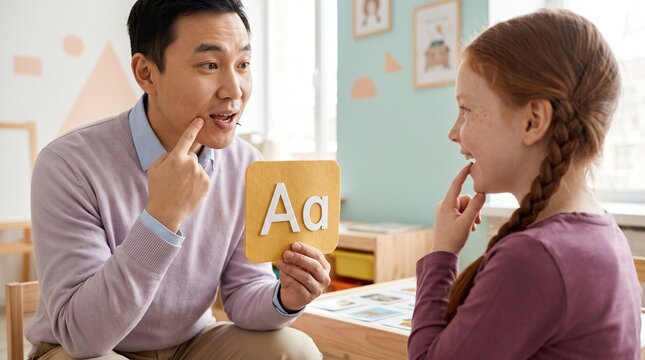 Speech Therapist Teaching Letter A Pronunciation to Child During Articulation Therapy Session