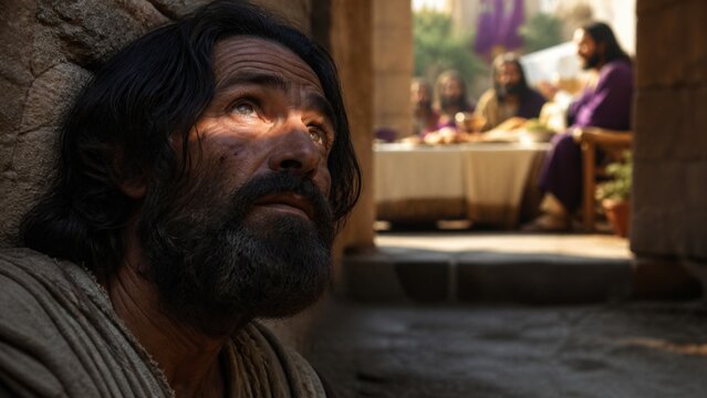 Lazarus looks toward a wealthy man dining behind the gate. Biblical parable of compassion, poverty, inequality, faith, and spiritual consequence in ancient Judea.