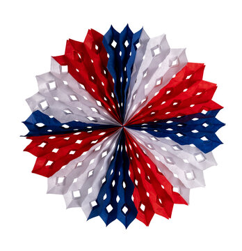 Patriotic paper fan decoration displaying red, white, and blue colors on a transparent background