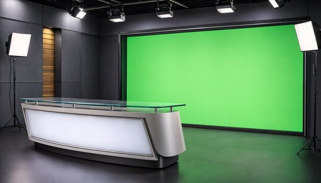 Modern television news studio set with a large green screen backdrop and professional broadcast desk for virtual production