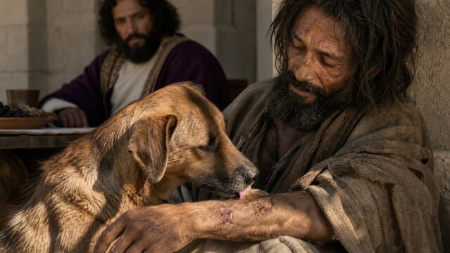 Lazarus, a wounded poor man, rests beside a dog near a wealthy mans feast, illustrating compassion, poverty, suffering, and the biblical parable of the rich man and Lazarus