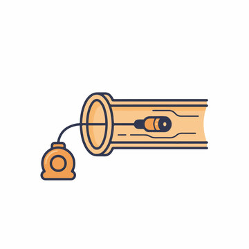 Pipe inspection camera entering pipe. Plumbing diagnostic and sewer repair icon. Renovation duotone outline vector illustration
