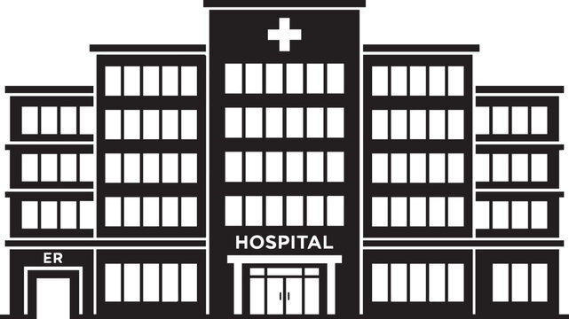 Modern hospital building silhouette with emergency room and cross for medical care.