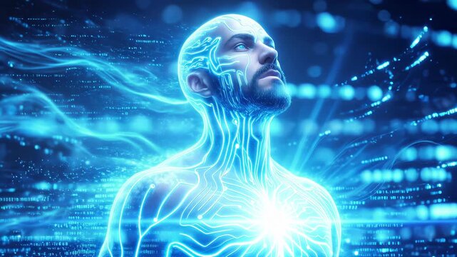 Cyborg man with glowing circuit patterns on skin looking upward. Digital data streams and light energy emanating from human body. Panning shot.