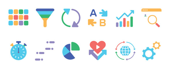 Fototapeta premium Analytics and Data Icons: A collection of flat design icons representing various data analysis and business metrics, including a funnel, chart, stopwatch, and globe.