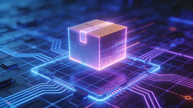 Futuristic warehouse automation featuring a glowing digital shipping box floating over a circuit board with neon light effects, modern technology concept representing smart logistics and efficient dat