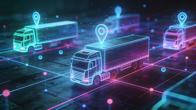 Digital representation of logistics and transportation system with trucks and GPS navigation map route network concept showing global supply chain automation technology futuristic freight delivery sys