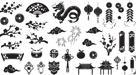 Naklejka premium Traditional oriental festive icons and floral ornaments for lunar celebration graphics.