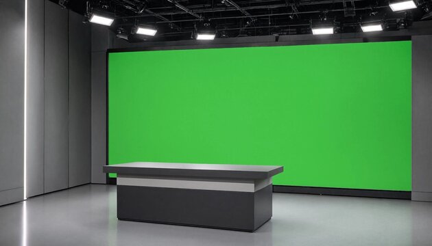 Professional television studio set with a large green screen background and a modern news desk for broadcast production