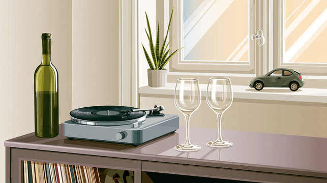 Cozy living room corner with vintage turntable, wine glasses, and car outside