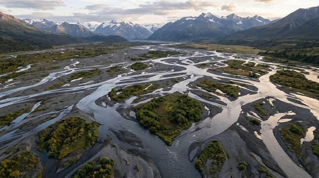 Beautiful High Angle Shot of a Braided River Basin Surrounded by Snow Peaked Mountains and Wild Nature Landscapes at Dusk