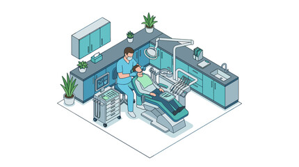 Fototapeta premium Dentist examining patient in modern dental clinic isometric illustration