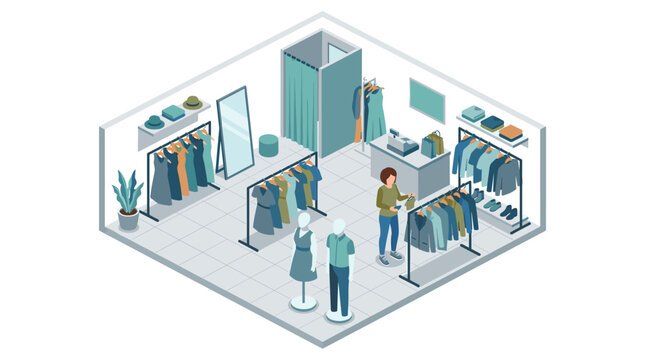 Isometric view of a clothing store interior with racks of apparel and a customer at the counter